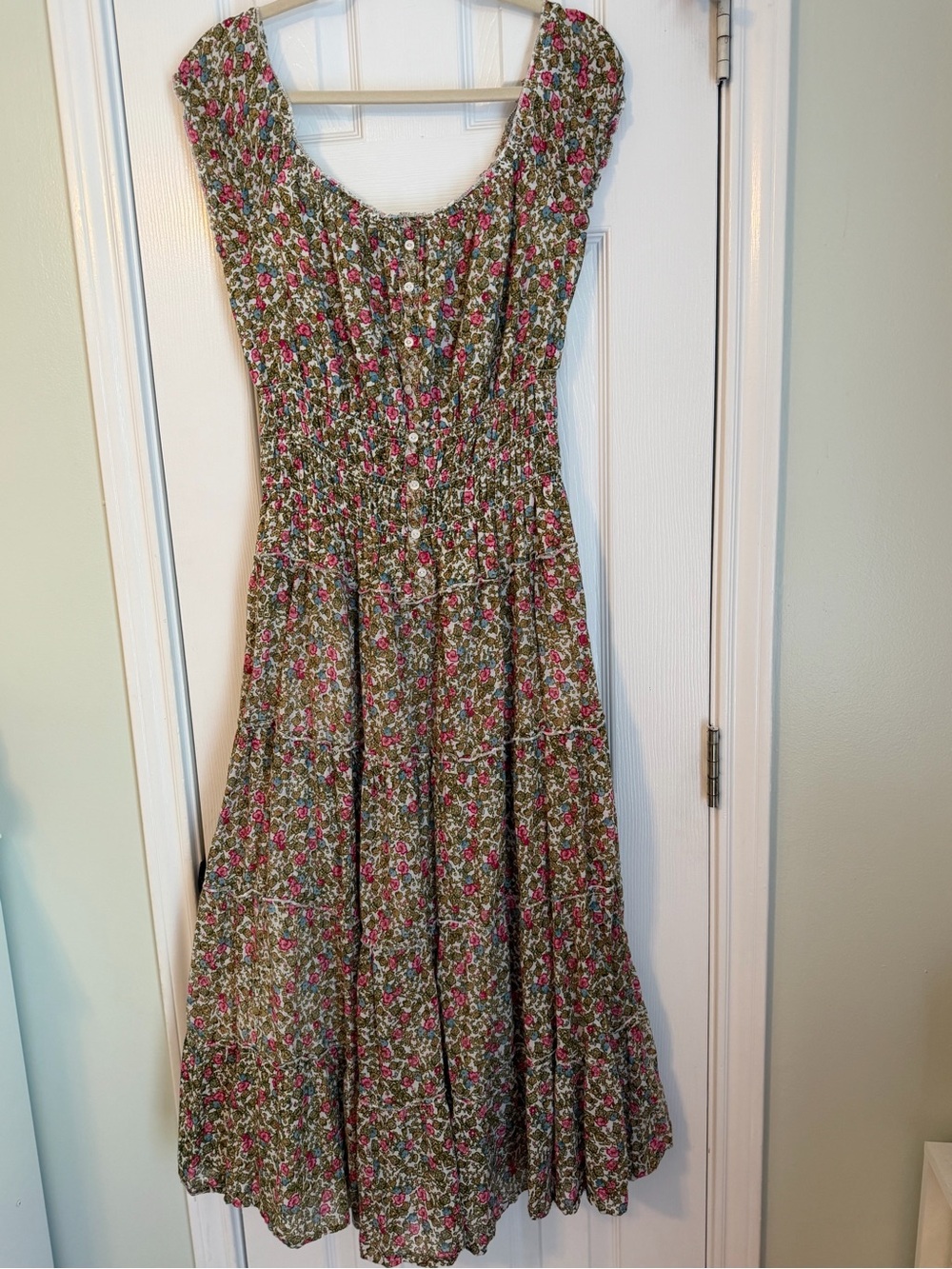 Mlle Gabrielle Olive Midi Dress with Pink Floral Pattern